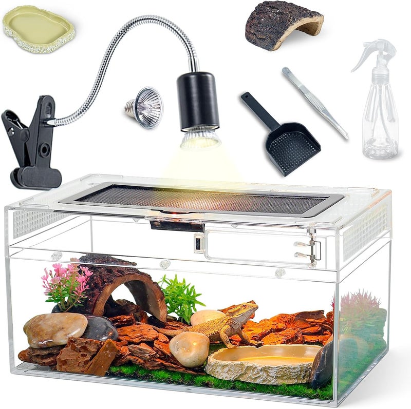 BINANO 12.5''×6''×7'' Reptile Tank Kit with Heat Lamp, Spray Bottle, Shovel, Tweezers, Food Bowl, Hideout -Perfect for Geckos, Snakes, Lizards, Turtles, Jumping Spider,Milk Frog,Hermit Crabs - Image 1